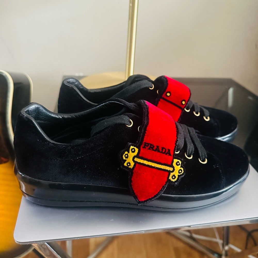 Prada Velvet Black and Red Sneakers - Picture 2 of 7